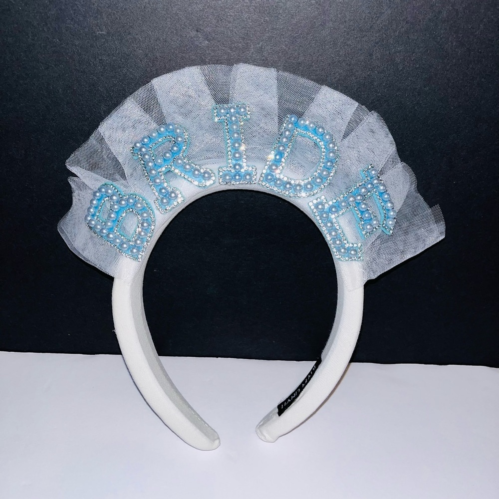 Bridal Headband for Women - White with Light Blue Accents
